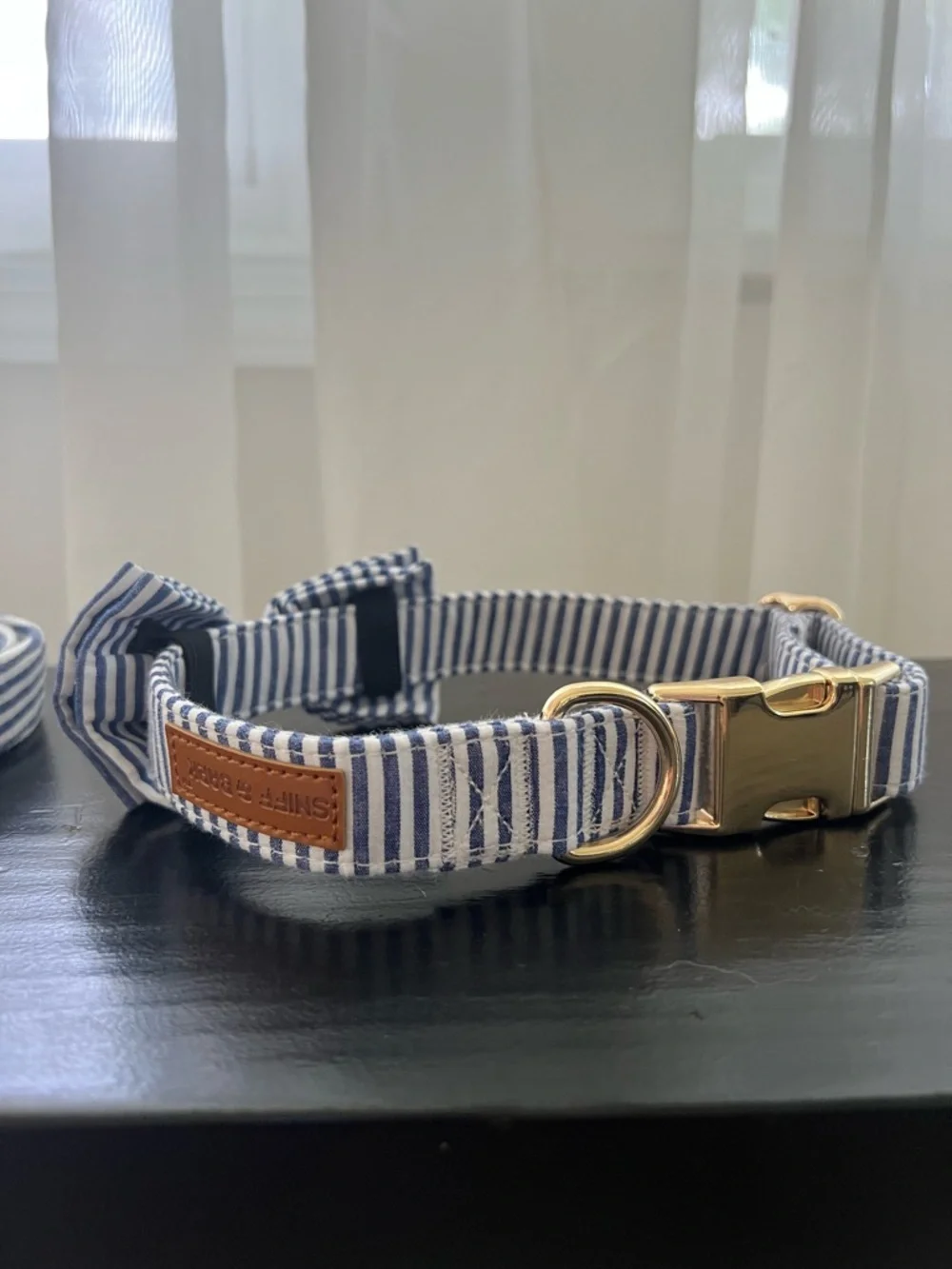 Sniff & Bark leash, collar and dapper tie set in blue stripe